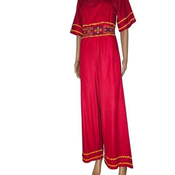 1990s Embroidered Red Katz Culotte Short Sleeve Romper Long Back Zipper Size Sm - Picture 3 of 14